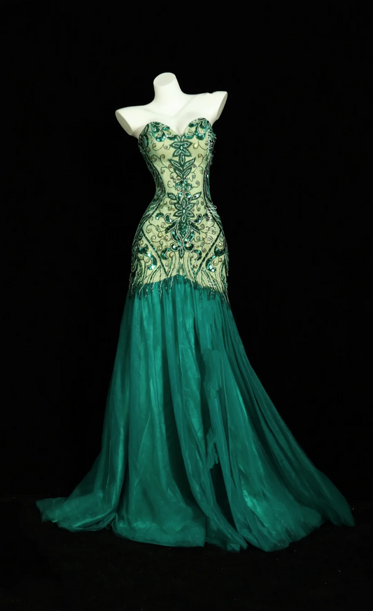 Green Strapless Vintage Classical Fitted Waist Elegant Prom Dress, Evening Party Gown gh7311