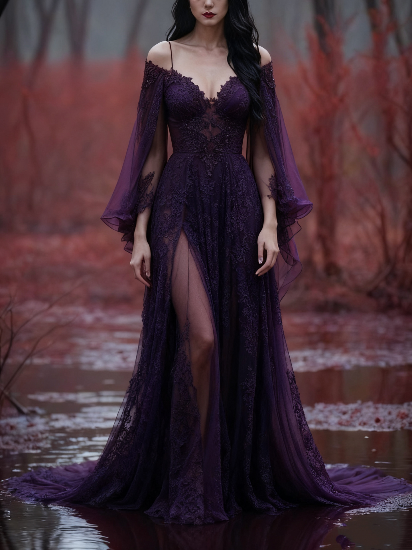 girlhomeshops-Long Sleeves Long Tulle Floor-Length Train Retro Elegant Ball Gown Evening Dress gh5943