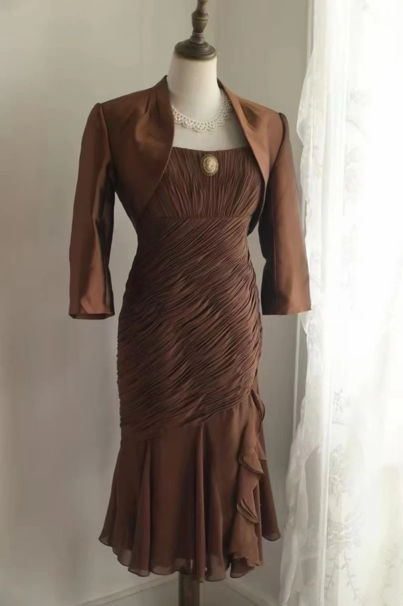 Brown halter-neck, fitted, sexy midi-length ball gown, evening gown gh7119
