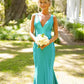 Robe de soirée longue en satin bleu élégant à col en V, robe de soirée pour invités de mariage, gh3343