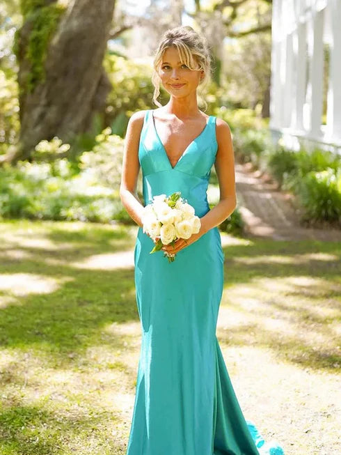 Robe de soirée longue en satin bleu élégant à col en V, robe de soirée pour invités de mariage, gh3343