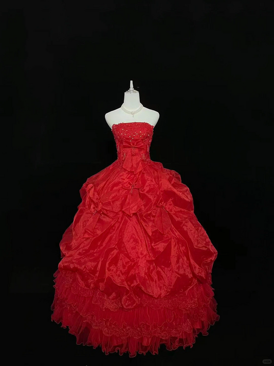 Red Strapless Cinched Waist Voluminous Princess Skirt Luxury Romantic Dress, Wedding Gown gh8000