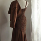 Brown halter-neck, fitted, sexy midi-length ball gown, evening gown gh7119