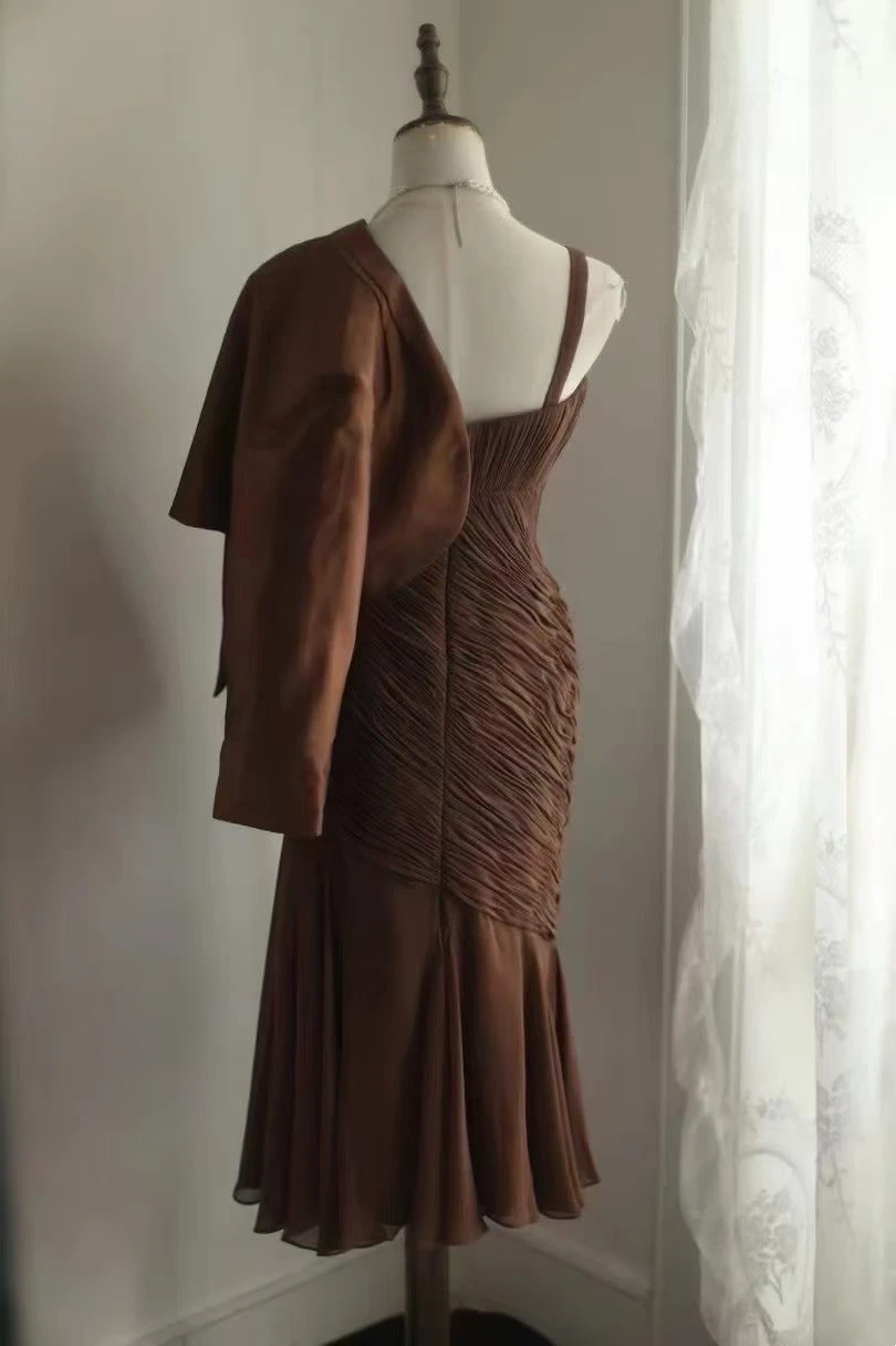 Brown halter-neck, fitted, sexy midi-length ball gown, evening gown gh7119