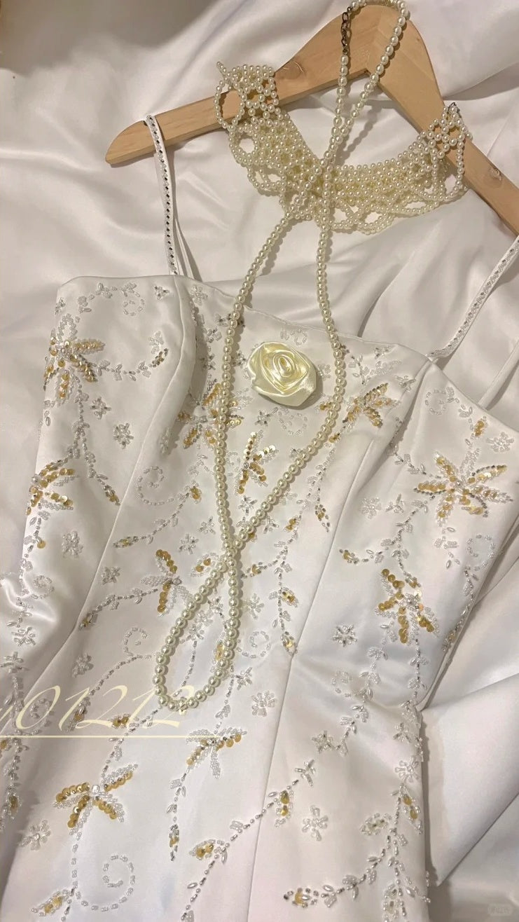 White and yellow exquisite bead decoration long satin ball dress evening dress wedding dress gh4509