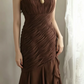 Brown halter-neck, fitted, sexy midi-length ball gown, evening gown gh7119