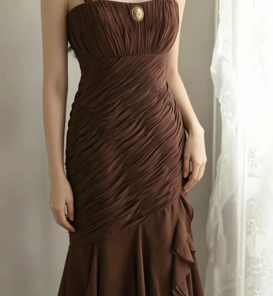 Brown halter-neck, fitted, sexy midi-length ball gown, evening gown gh7119