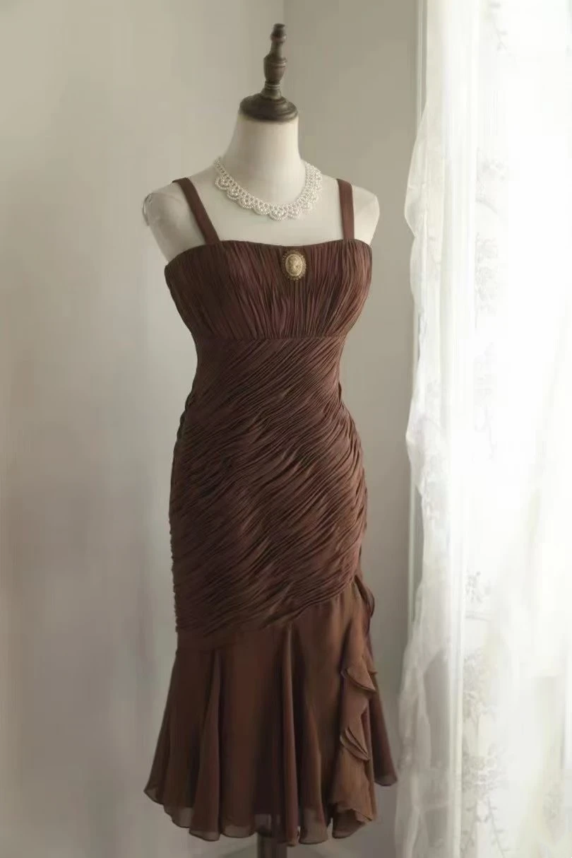 Brown halter-neck, fitted, sexy midi-length ball gown, evening gown gh7119