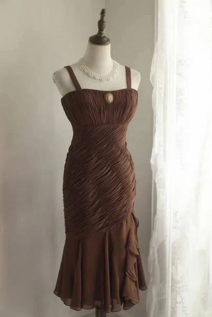 Brown halter-neck, fitted, sexy midi-length ball gown, evening gown gh7119