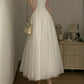 White Square Neck Spaghetti Strap Satin Tulle - Minimalist Elegant Bridesmaid/Date/Light Evening Midi Gown gh6981