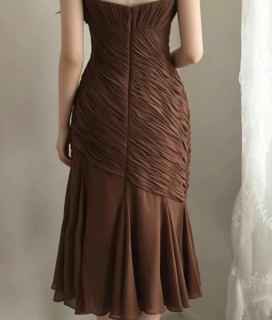 Brown halter-neck, fitted, sexy midi-length ball gown, evening gown gh7119