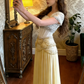 Opera Aesthetic White-Yellow Crystal Gown - Opera Style Corset Ruffled Beaded Satin Maxi Dress gh6983