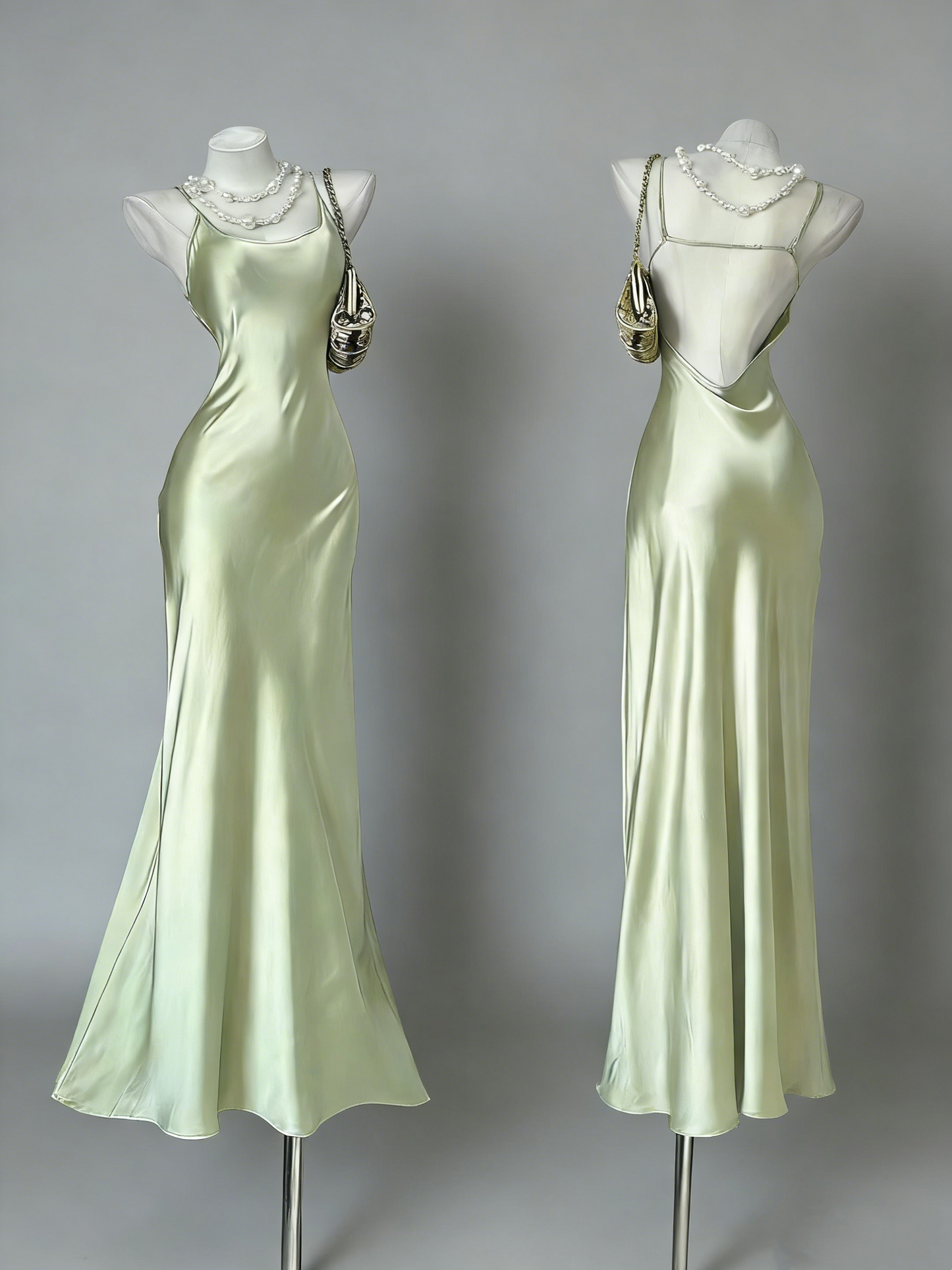 Robe longue sirène dos nu en satin vert menthe clair à fines bretelles - gh6991