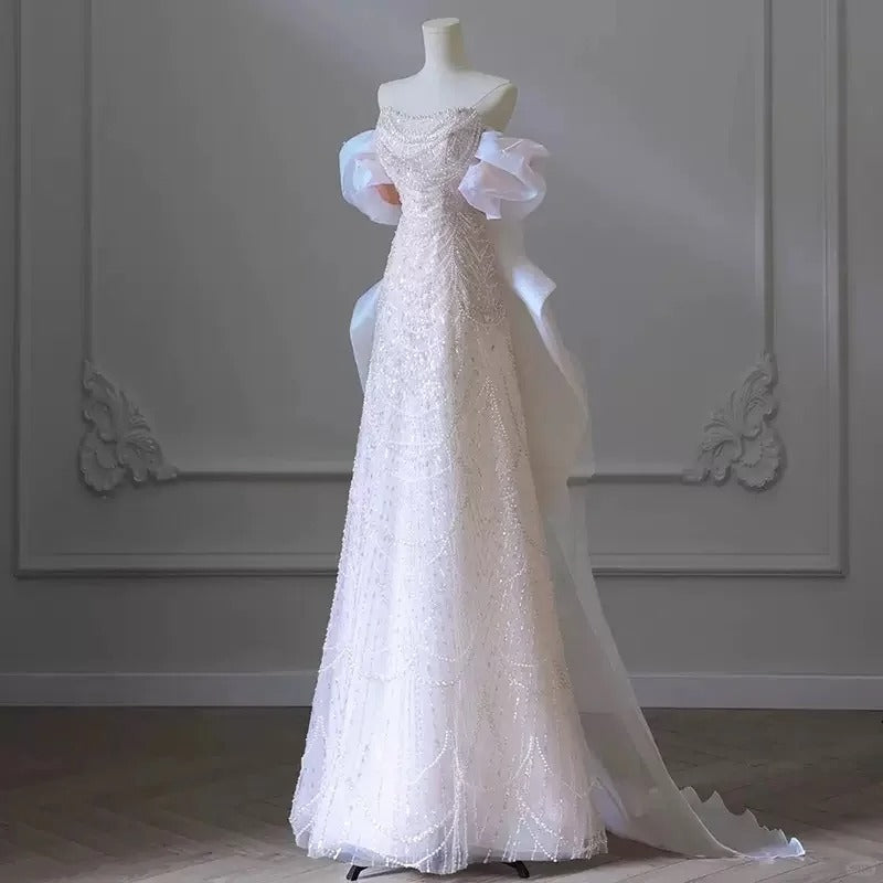 Girlhomeshops - Wunderschönes, rosa, funkelndes, langes, bodenlanges Tüllkleid mit Perlenverzierung, gh5315