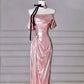 ✨Girlhomeshops - Robe de soirée longue en satin rose à coupe sirène, coupe ajustée, pour fête d'anniversaire, gh4990