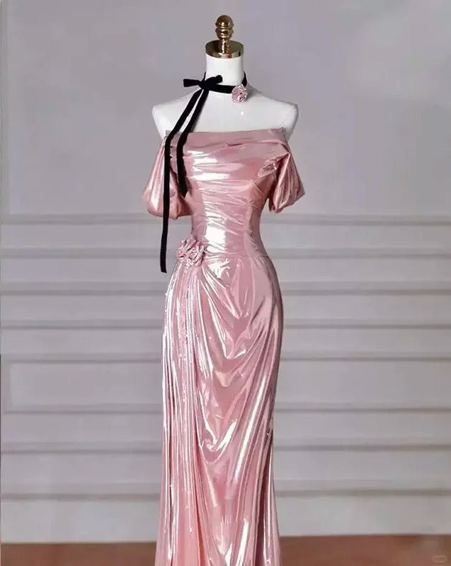 ✨Girlhomeshops - Robe de soirée longue en satin rose à coupe sirène, coupe ajustée, pour fête d'anniversaire, gh4990
