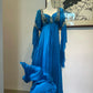Blaues Vintage Langarm Perlen Langes Chiffon Ballkleid Abendkleid Partykleid gh4941
