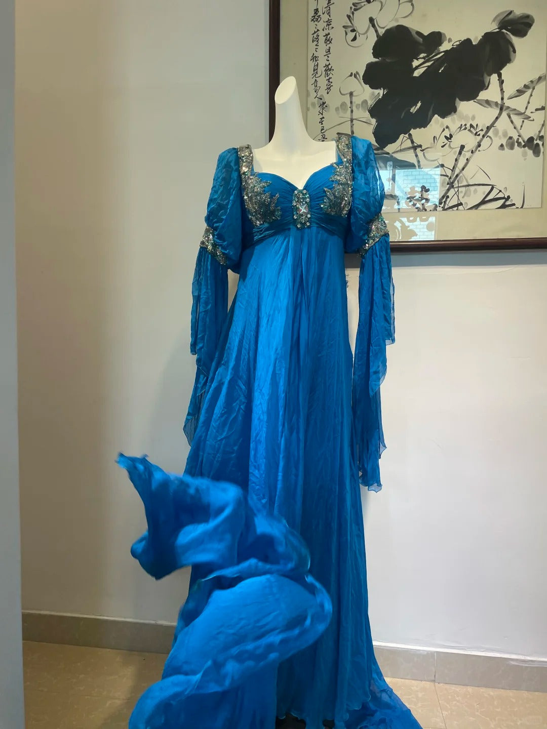 Blaues Vintage Langarm Perlen Langes Chiffon Ballkleid Abendkleid Partykleid gh4941