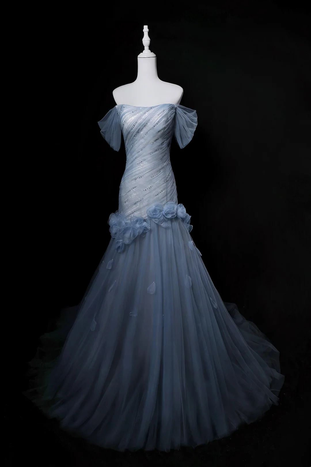 Light Gray Blue Off Shoulder Waist-Cinched Bodycon Sexy Evening Dress, Fairy Gown, Romantic Gown gh7465