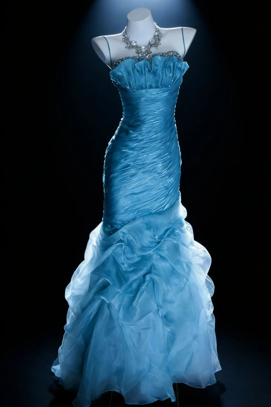 Ice Blue Mystery - Spaghetti Strap Beaded Ruched Mermaid Gown, Tulle Train Elegant Dress. gh7088