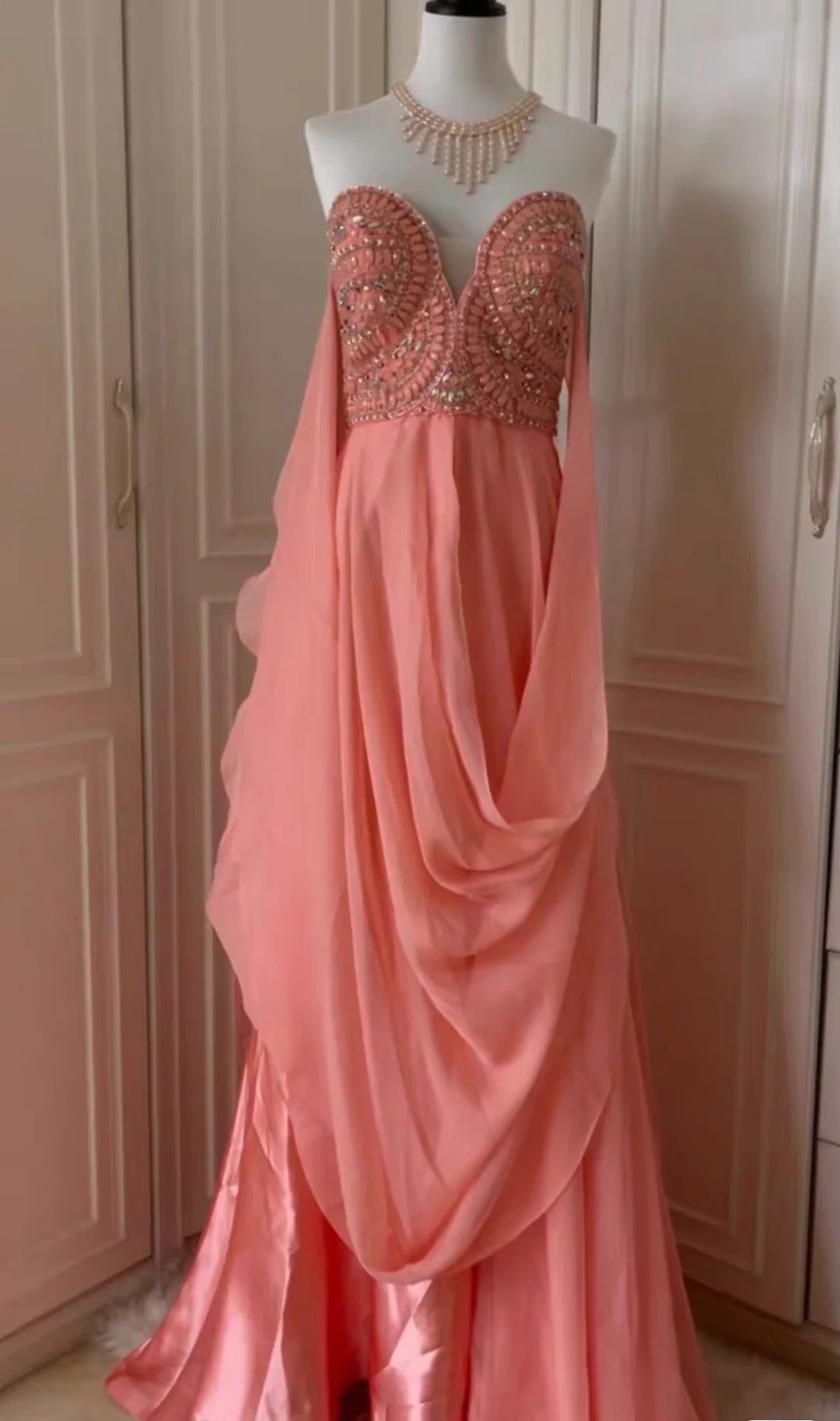 ✨Robe de soirée longue en mousseline de soie rose fantaisie déesse grecque gh4269