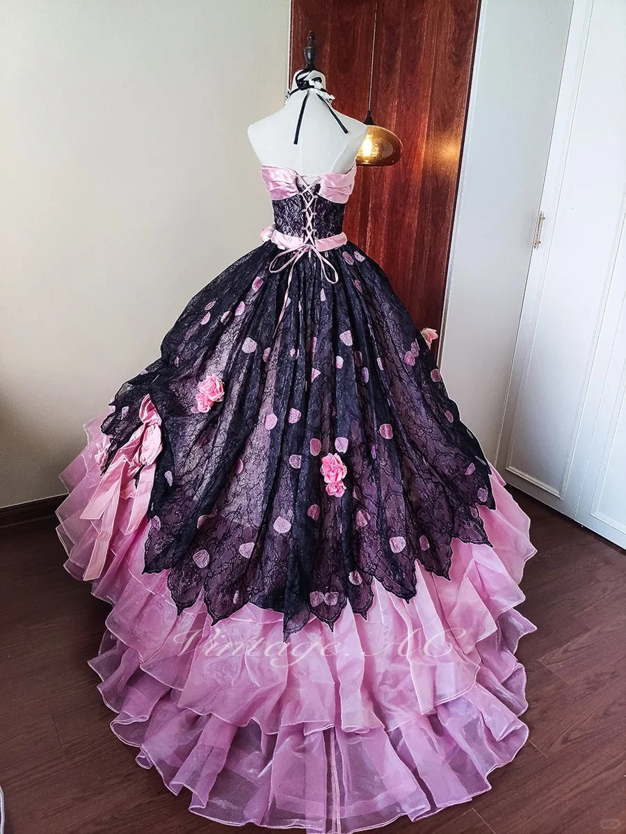 Girlhomeshops-Pink Floral Lace Tulle Floor-Length Ball Gown gh5302