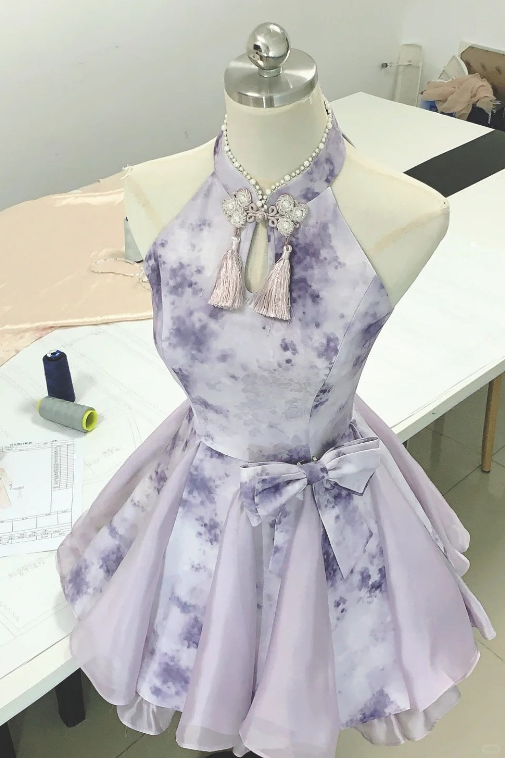 girlhomeshops--Purple gradient color new Chinese style pearl stand collar with button bow fairy dress oriental aesthetics gh5731