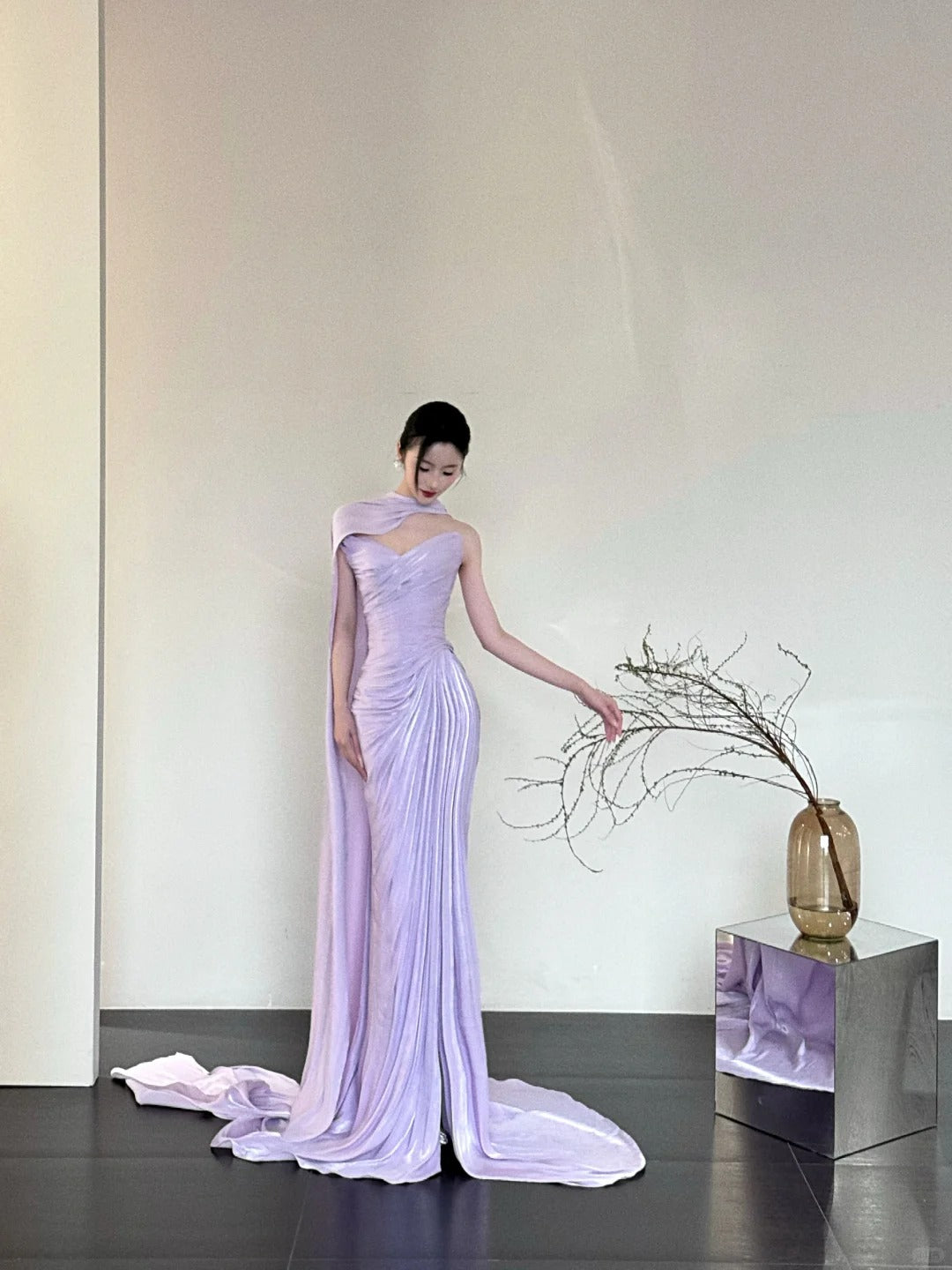 Robe de soirée sirène en satin, élégante et romantique, violette, à la mode, longue, slim, longueur au sol, traîne, robe de bal, gh3734