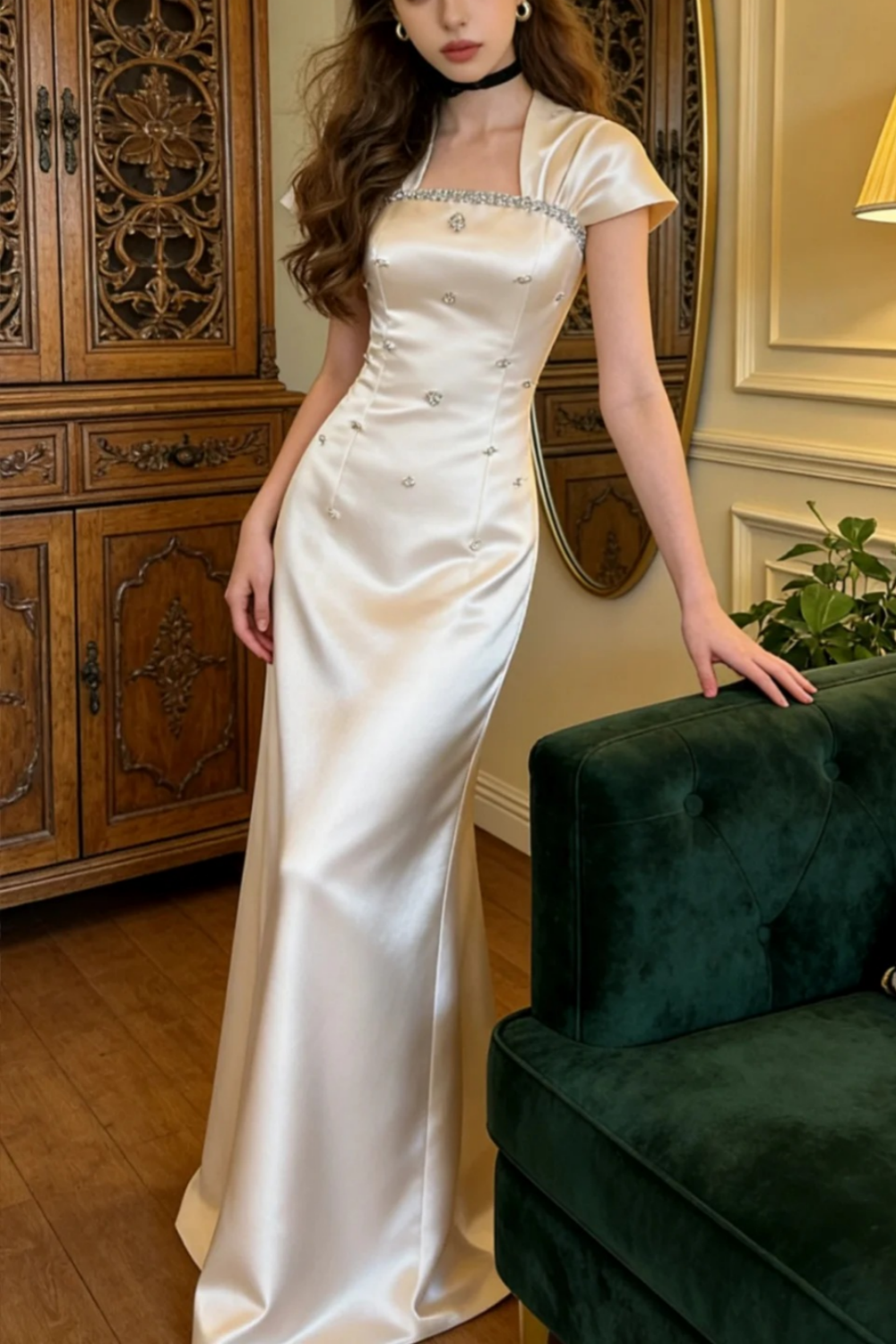Rosa, perlenbesetztes, langes Satin-Geburtstagskleid im Vintage-Stil, Partykleid, kurzärmeliges Ballkleid, Abendkleid gh7080