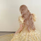 girlhomeshops-Vintage Goose Yellow Puff Sleeve Sequin Swing Court Style Evening Gown gh6028