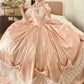 Pfirsichrosa Satin-Ballkleid im viktorianischen Lolita-Stil mit schulterfreiem Ausschnitt: Satinstoff, Spitzenschleife, Retro-Ballkleid-Silhouette, formelles Kleid für Teepartys gh6735