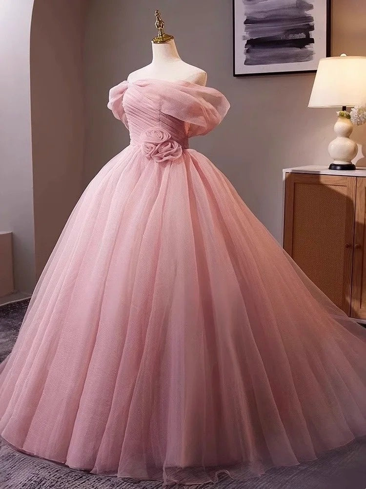 Pink Rose – Schulterfreies 3D-Blumenballkleid mit Tüllschleppe, Prinzessinnenkleid gh7071