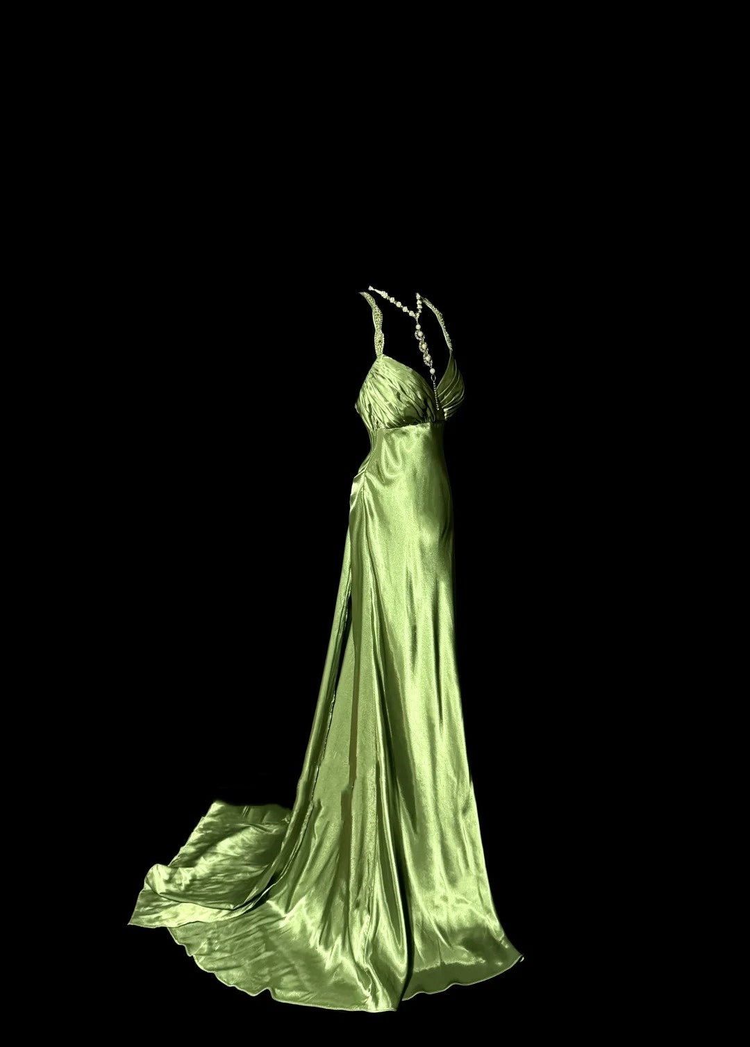 Robe de soirée longue en satin vert rétro, élégante et raffinée, avec bretelles perlées, longueur au sol, robe de bal, robe de remise de diplôme, gh4002