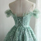 Green girl cute one shoulder flower bud print short princess dress adult birthday party homecoming dress gh4325