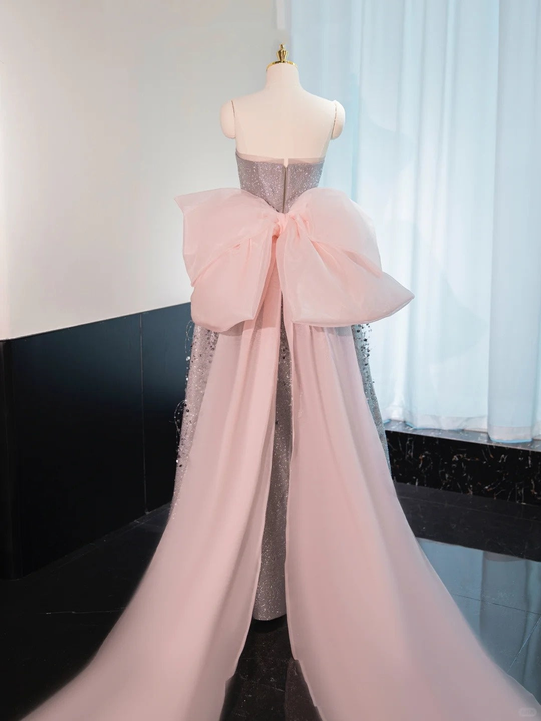 Silber wunderschöne glänzende rosa Schleife lange bodenlange Pailletten Ballkleid Abendkleid Abschlusskleid gh4552