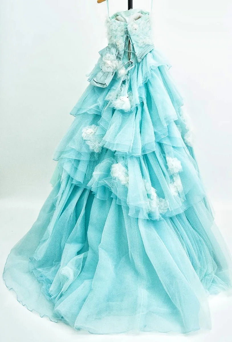Girlhomeshops - Blau/Rosa Blumenmuster, modisch, wunderschön, elegant, lang, gestuftes Tüll-Ballkleid gh5323