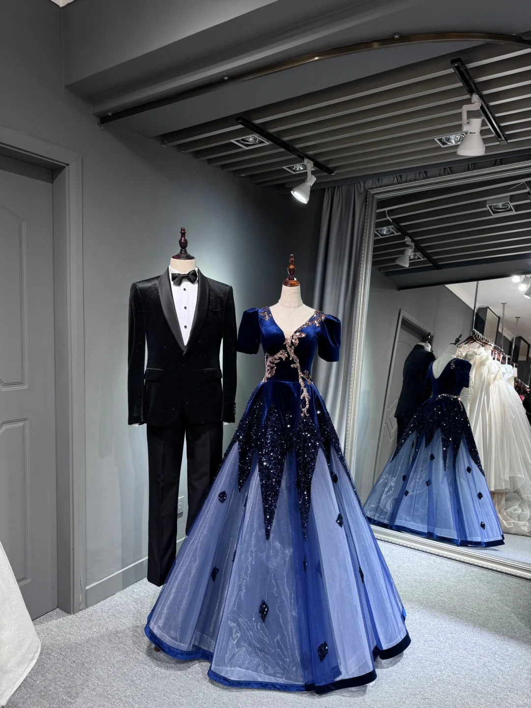 Girlhomeshops -Blue shiny long sequined tulle ball gown evening dress graduation dress gh5110