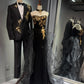 Girlhomeshops -Black shiny elegant long gold sequined tulle trailing ball gown evening gown graduation gown gh5108