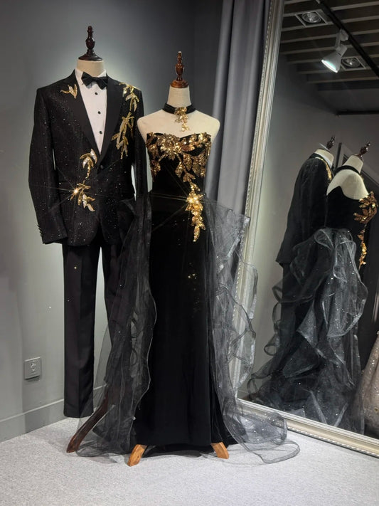 Girlhomeshops -Black shiny elegant long gold sequined tulle trailing ball gown evening gown graduation gown gh5108