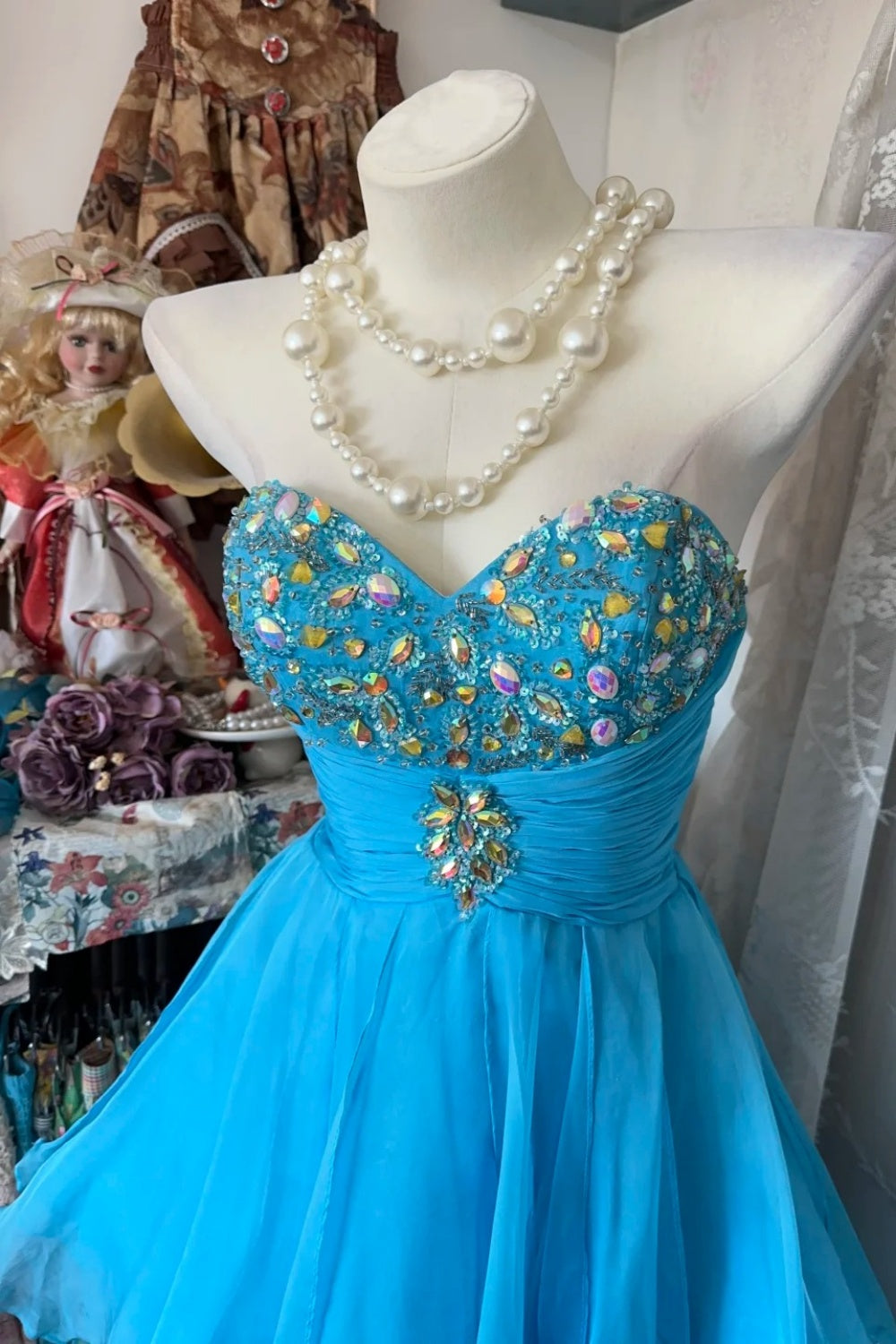 girlhomeshops-Blue sweetheart neckline short chiffon dress dress gh6127