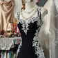 Girlhomeshops - Robe longue fantaisie d'anniversaire style rétro psychédélique en tulle noir et dentelle blanche à bretelles spaghetti gh5883