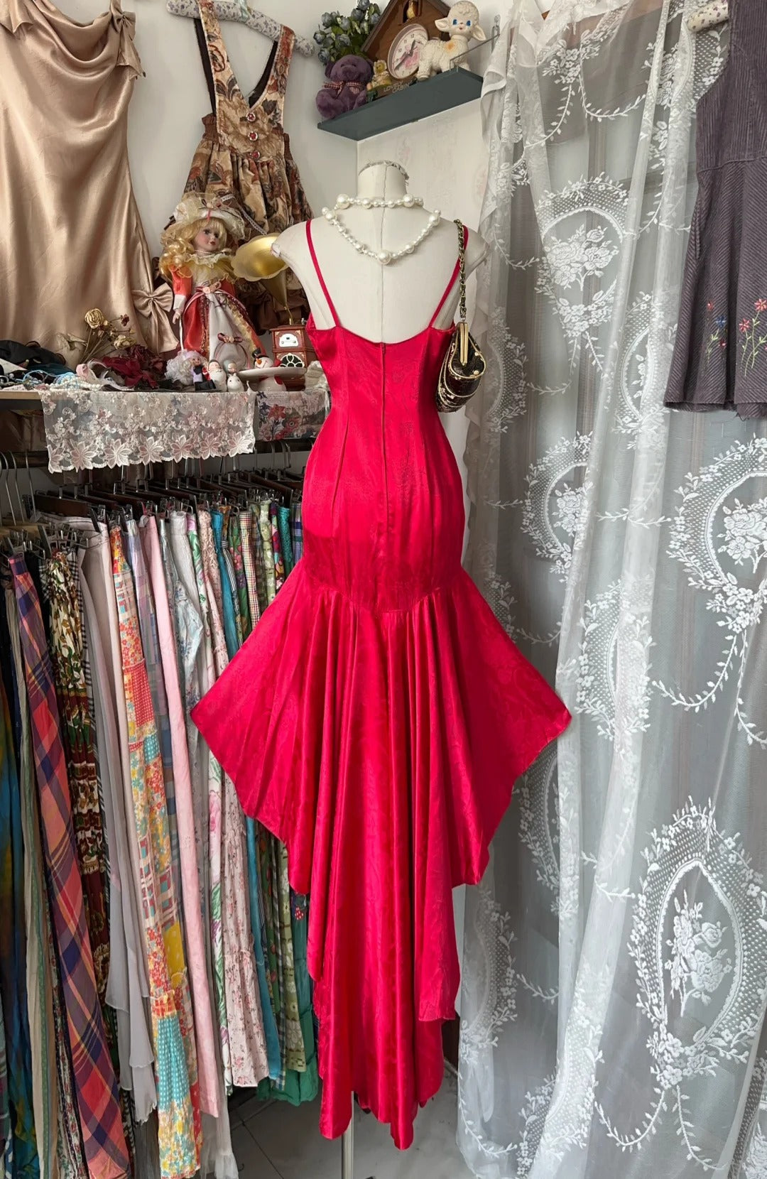 Robe de soirée sirène rouge longue en satin à bretelles spaghetti, magnifique robe de bal gh4394