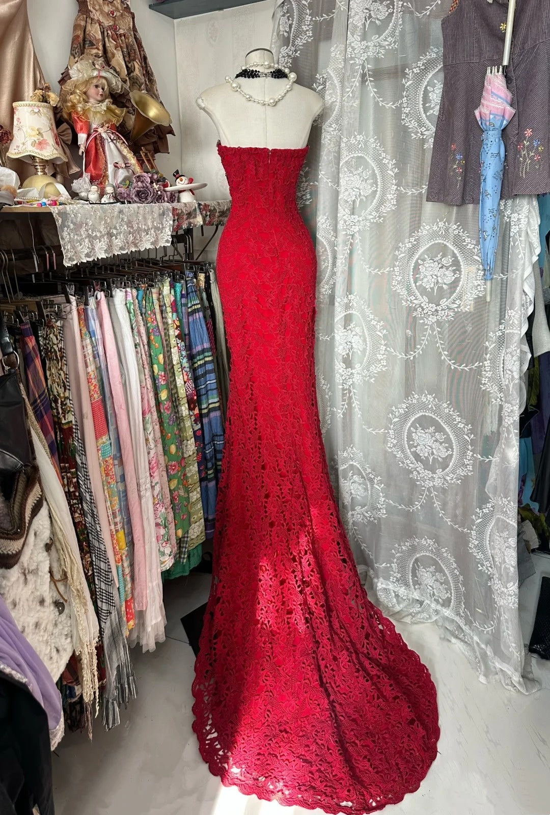 Robe de soirée longue sirène en dentelle rouge exquise gh6684