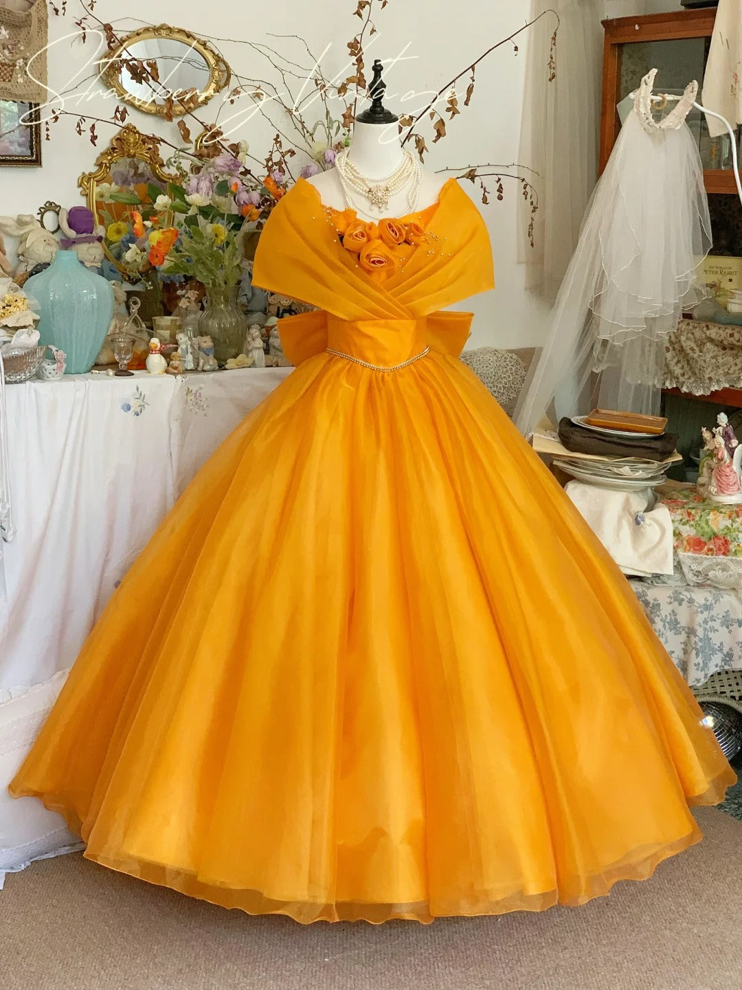 Orange Gelb Blumen Langes Tüll Ballkleid Abendkleid Quinceanera Kleider gh4575