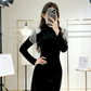 Robe longue moulante en velours à franges de cristaux - Col montant, manches longues, robe de soirée tendance gh6972