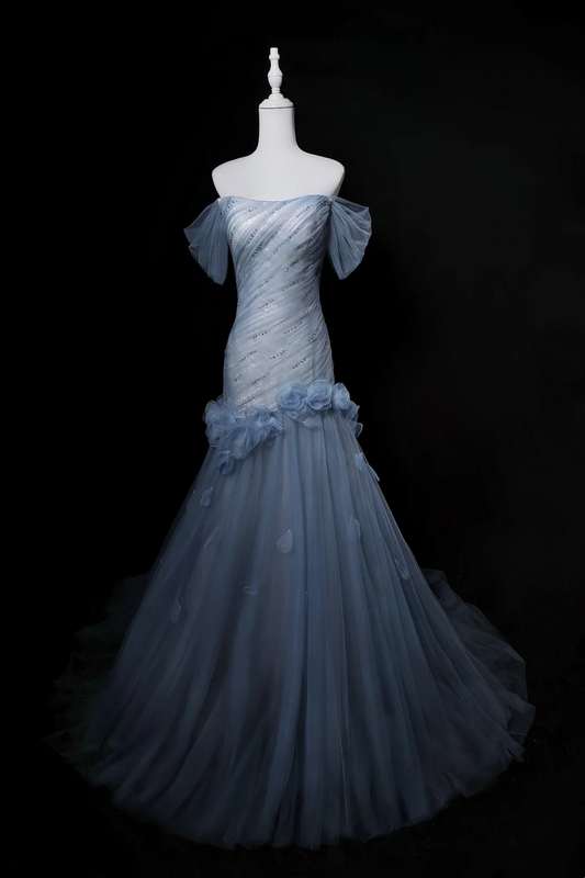 Light Gray Blue Off Shoulder Waist-Cinched Bodycon Sexy Evening Dress, Fairy Gown, Romantic Gown gh7465