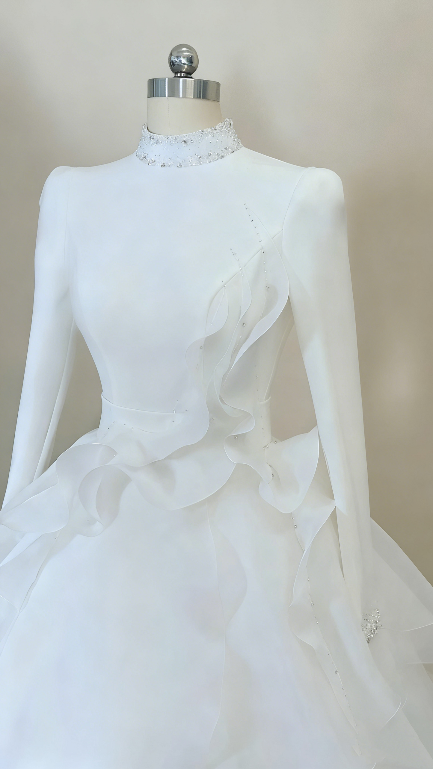 Formal Dress White-Blue Gradient Tulle High-Neck Long-Sleeve Tiered Train Gown Wedding Dress  gh6390