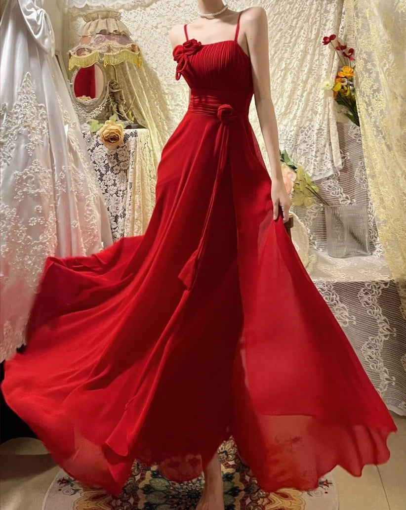 Robe de soirée longue en satin et tulle à fleurs rouges, robe de bal, robe de fête d'anniversaire, gh4414