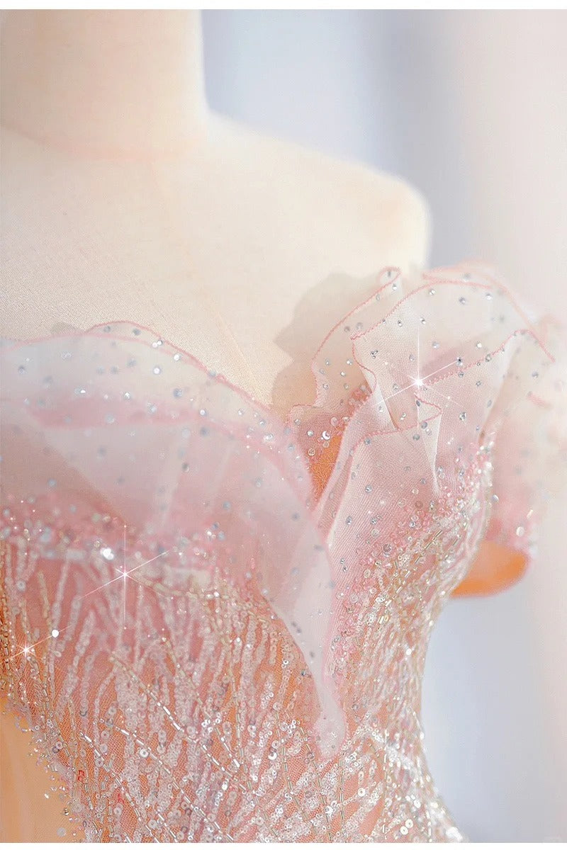 Rosa wunderschöne glänzende verträumte elegante Mode exquisite Perlen lange bodenlangen Schleppe Tüll Ballkleid Abendkleid gh4000