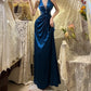 Robe de soirée longue en satin bleu à perles, élégante, gh4460
